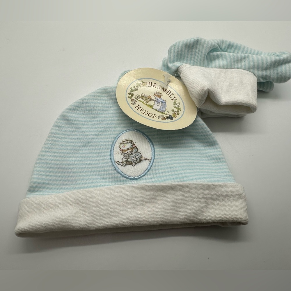 Brambly Hedge Baby Hat and Bootie Socks Blue Striped Bluebell 0-3 Months